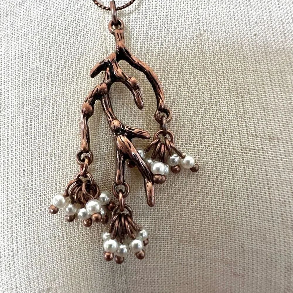 Copper and faux pearl branch pendant necklace